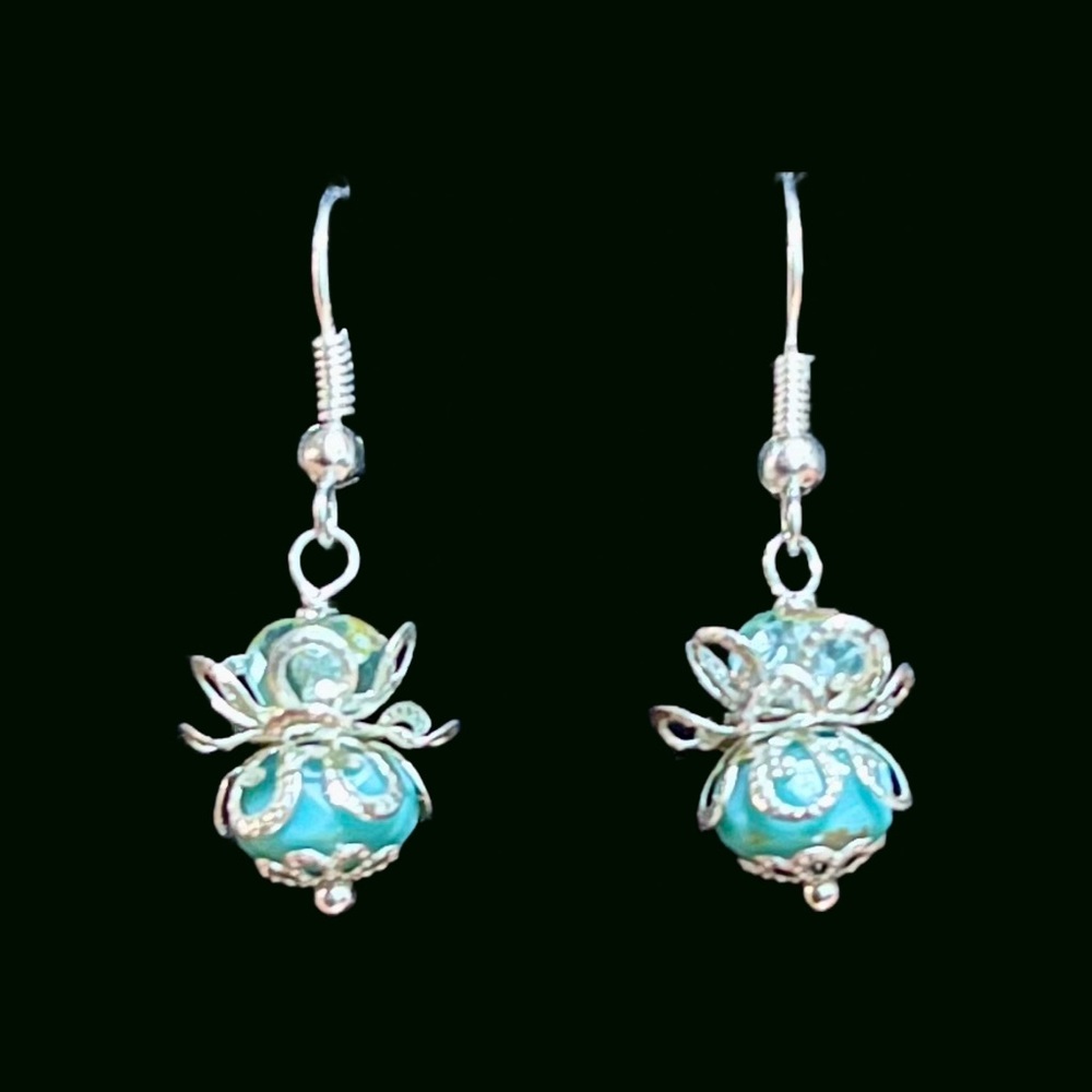 Aqua Silvertone Flower Earrings Handcrafted Handmade